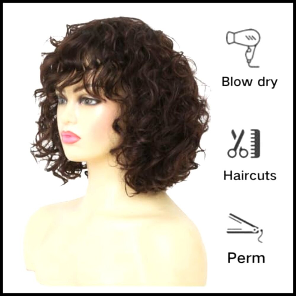 Curly Bob Wig with Bangs Shoulder Length Synthetic Heat Resistant Daily Party - Picture 3 of 7